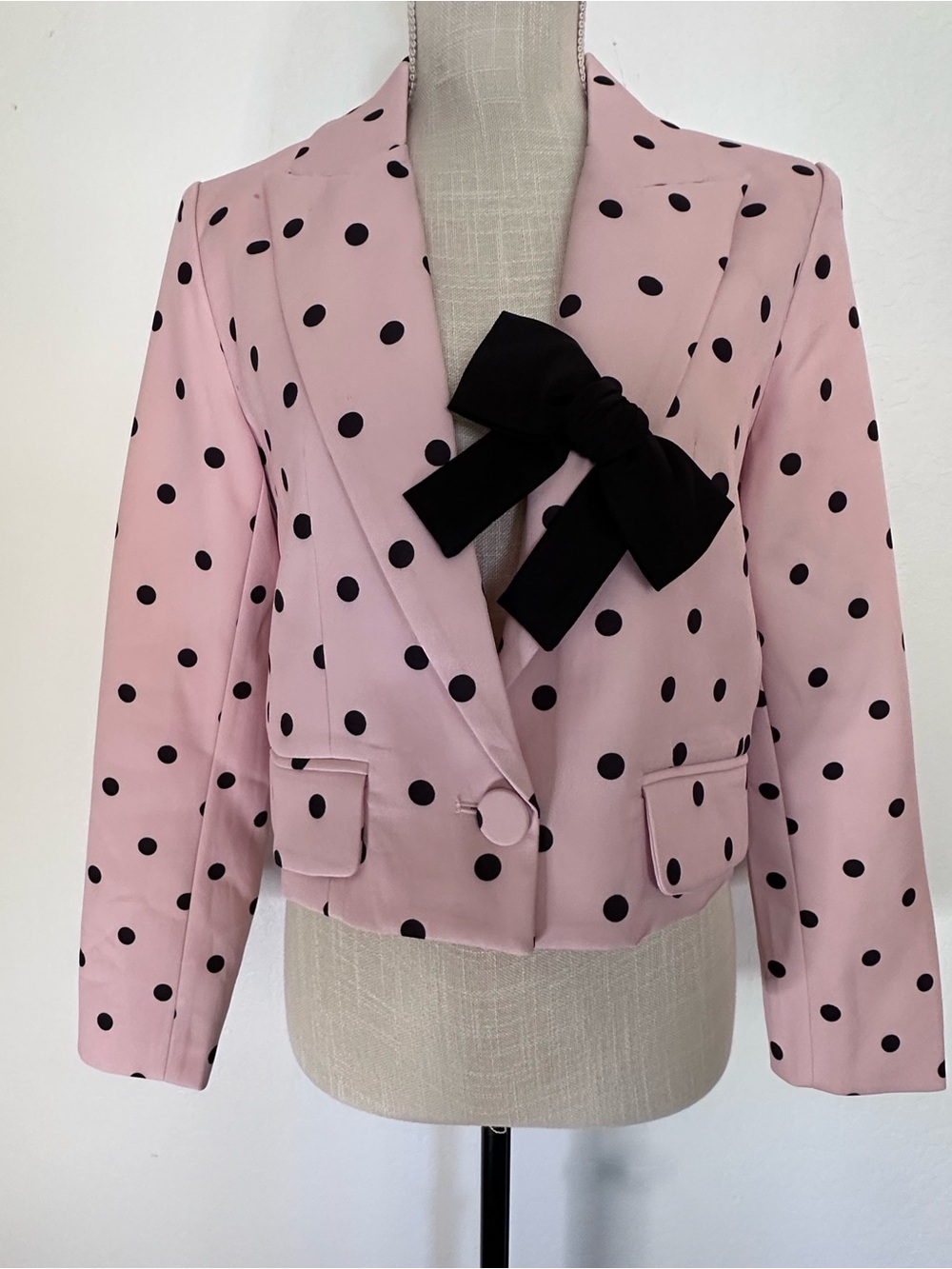 Motf Pink/Black Polka Dot Bow Decor Crop Blazer Spring/Summer Size: S
